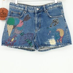 Zadig‎ and Voltaire Embroidered Distress Button Fly Denim Shorts Waist 30” Artsy